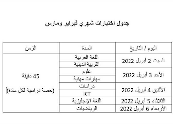 جدول امتحانات الصف الرابع الابتدائي لشهري فبراير ومارس ونهاية العام