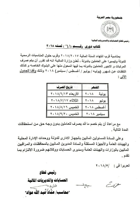 موعد صرف مرتب شهر يونيو ويوليو واغسطس وسبتمبر 2018