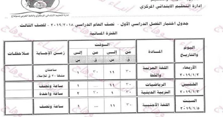جدول امتحانات محافظة سوهاج 2019