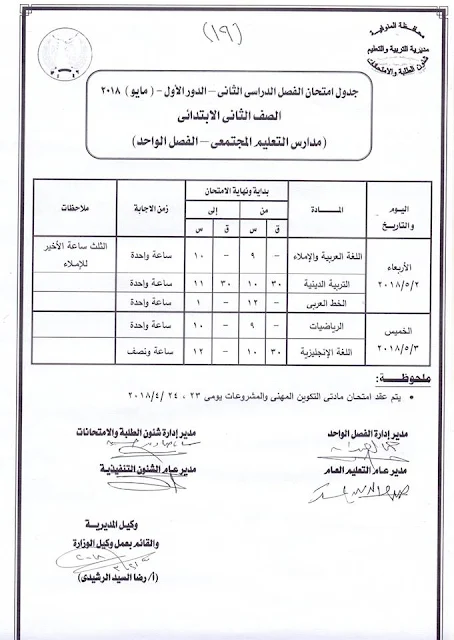 جدول امتحانات الصف الثاني الأبتدائي 2018 محافظة المنوفية الترم الثاني " آخر العام "
