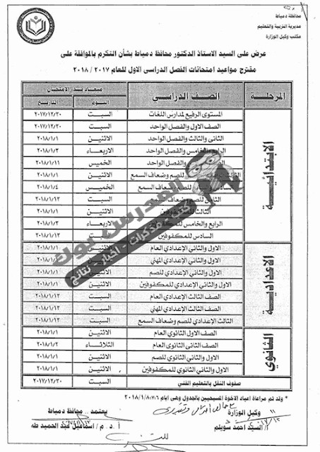 جدول امتحانات محافظة دمياط 2018 ابتدائي -اعدادي - ثانوي