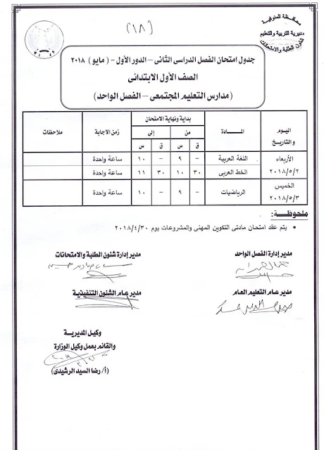 جدول امتحانات الصف الأول الأبتدائي 2018 محافظة المنوفية الترم الثاني " آخر العام "