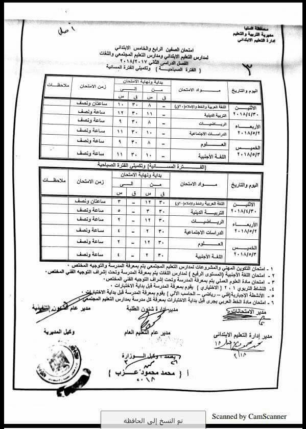 جدول امتحانات الصف الرابع الأبتدائي محافظة المنيا الترم الثاني 2018 "آخر العام"