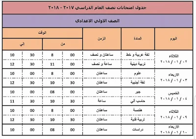 جدول امتحانات دمياط 2023 نصف العام الصف الاول الاعدادي