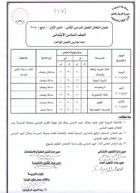 جدول امتحانات الصف السادس الأبتدائي 2018 محافظة المنوفية الترم الثاني " آخر العام "