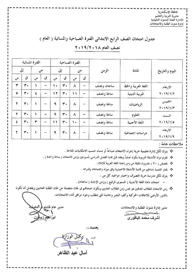   جدول امتحانات الصف الرابع الابتدائي محافظة الأسكندرية 2019 نصف العام