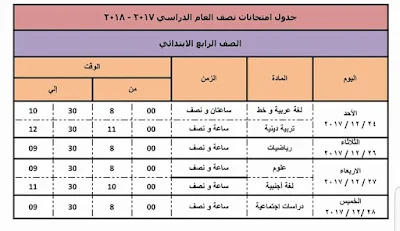 جدول امتحانات دمياط 2023 نصف العام الصف الرابع الابتدائي