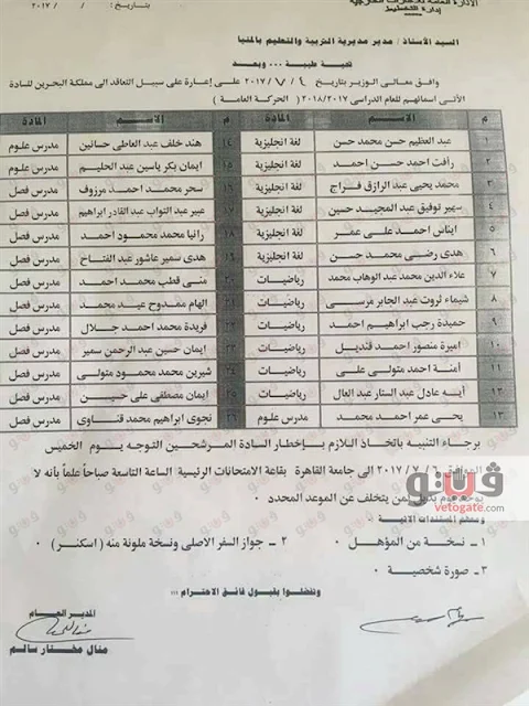 اسماء المعلمين المعارين إلي دولة البحرين 2017