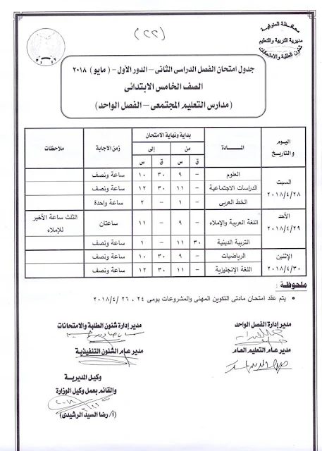 جدول امتحانات الصف الخامس الأبتدائي 2018 محافظة المنوفية الترم الثاني " آخر العام "