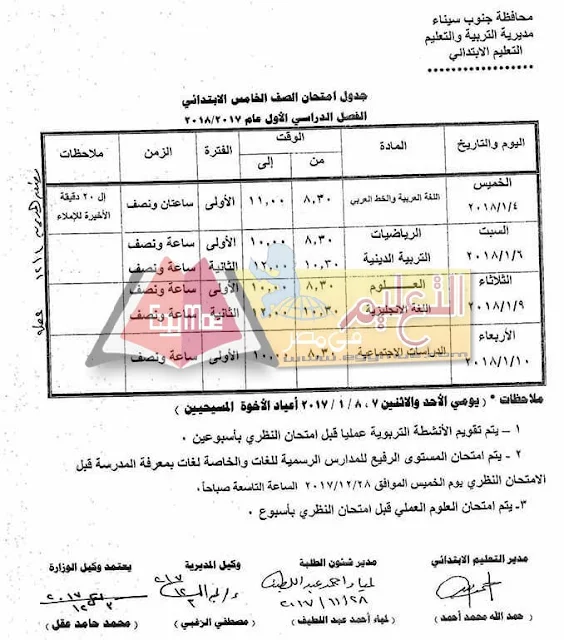 جدول امتحان نصف العام جنوب سيناء 2023 الصف الخامس الابتدائي