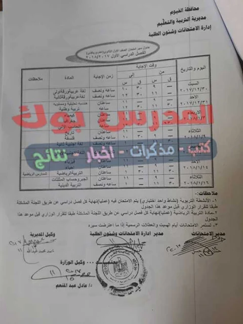 جدول امتحانات الترم الأول الصف الاول الثانوي 2018 جدول امتحانات الترم الأول الصف الاول الثانوي 2018