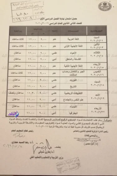 جدول امتحانات الصف الثاني الثانوي 2020