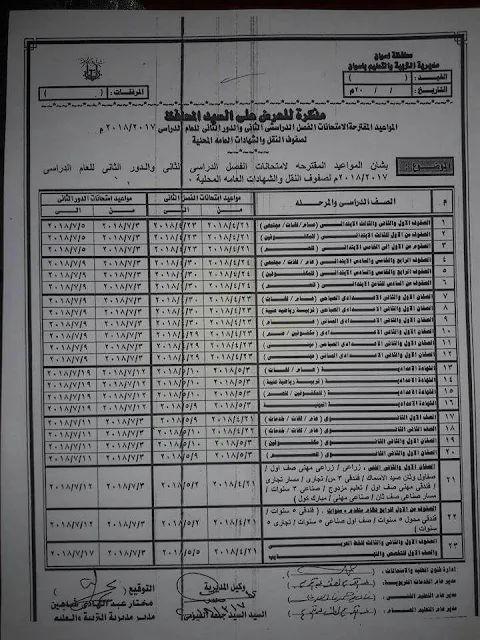 جداول امتحانات الفصل الدراسي الاول آخر العام 2018 - محافظة أسوان