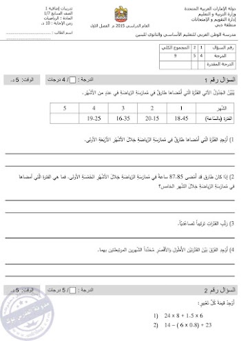 ورقة عمل رياضيات للصف السابع - منهج الامارات