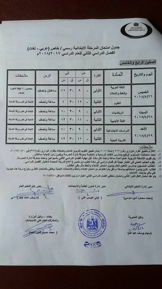 جدول امتحانات الصف الرابع الأبتدائي محافظة بني سويف الترم الثاني 2018 "آخر العام"