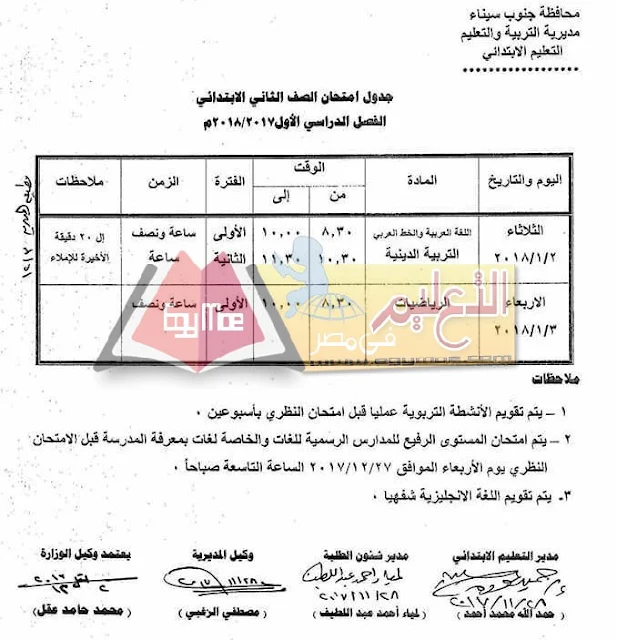 جدول امتحان نصف العام جنوب سيناء 2023 الصف الثاني الابتدائي