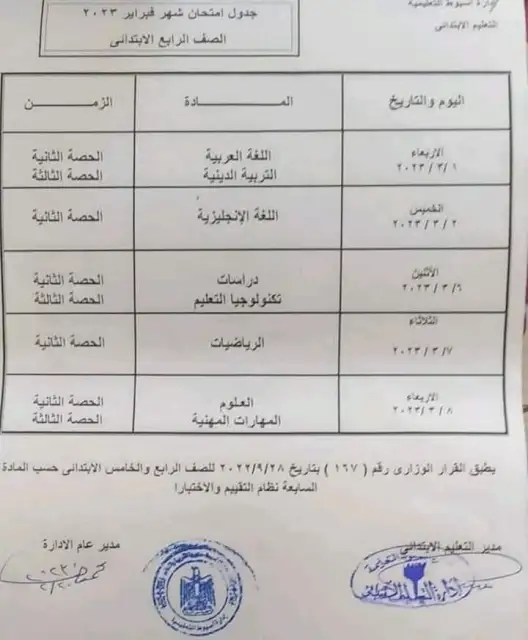 جدول امتحانات شهر فبراير ومارس أسيوط 2023