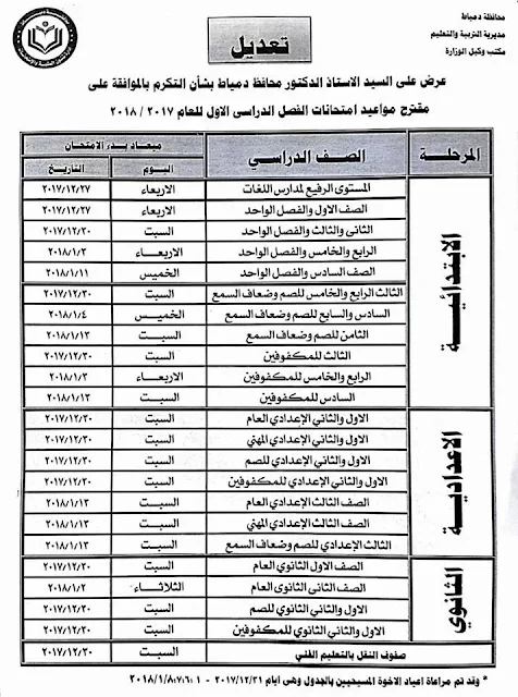 جدول امتحانات دمياط 2018 نصف العام