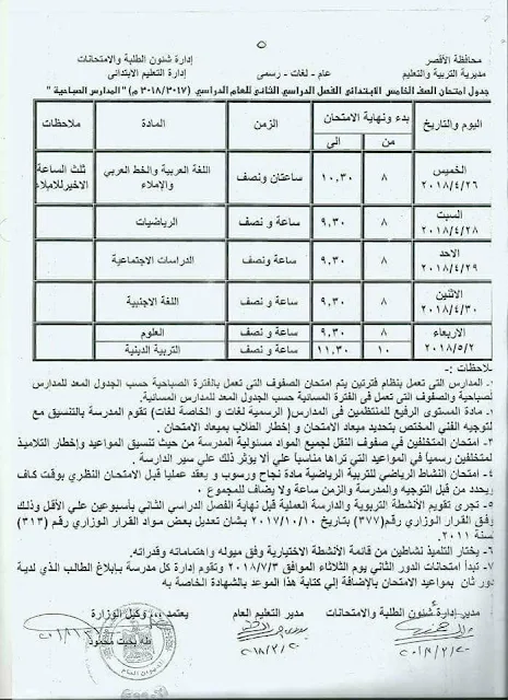 جدول امتحانات الصف الخامس الأبتدائي 2018 محافظة الأقصر الترم الثاني " آخر العام "