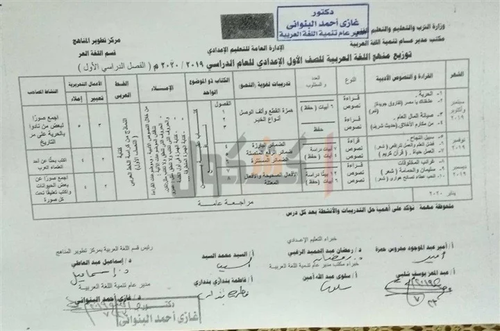 توزيع منهج اللغة العربية الصف الأول الاعدادي 2020 ترم أول 