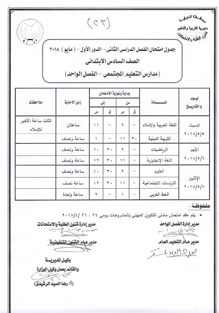 جدول امتحانات الصف السادس الأبتدائي 2018 محافظة المنوفية الترم الثاني " آخر العام "