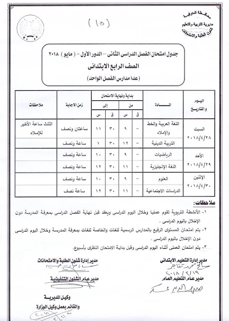 جدول امتحانات الصف الرابع الأبتدائي 2018 محافظة المنوفية الترم الثاني " آخر العام "