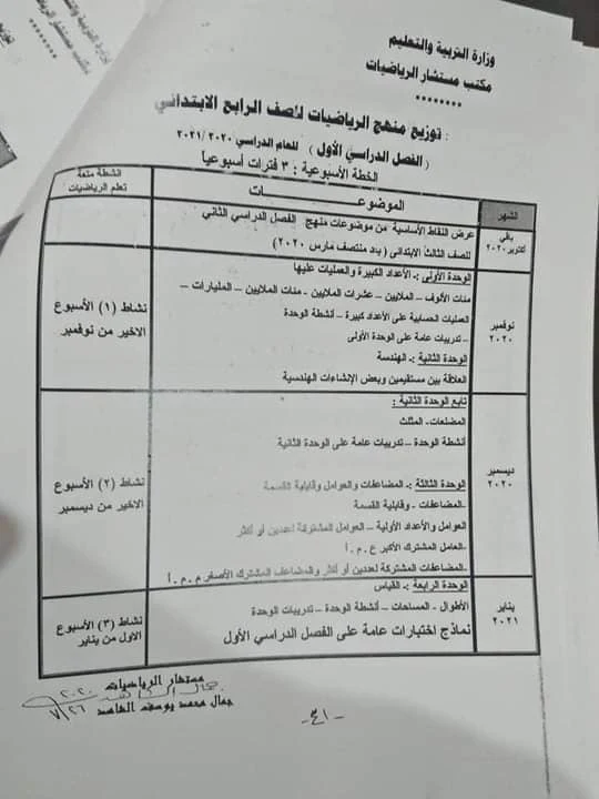 توزيع منهج الرياضيات الصف الرابع الأبتدائي 2020 -2021 , توزيع منهج الرياضيات رابعة ابتدائي , توزيع منهج رابعة ابتدائي رياضيات , توزيع منهج الرياضيات الصف الرابع