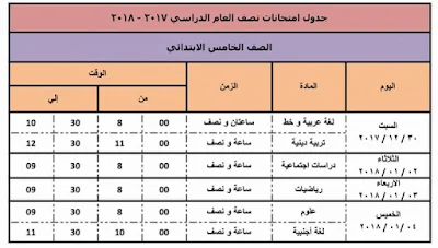 جدول امتحانات دمياط 2023 نصف العام الصف الخامس الابتدائي