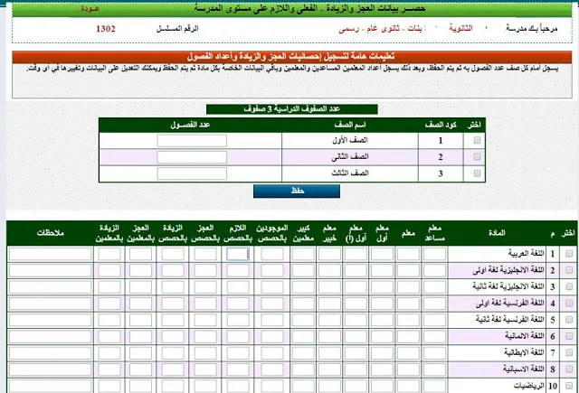 حصر بيانات العجز والزيادة للمعلمين حصر بيانات العجز والزيادة للمعلمين