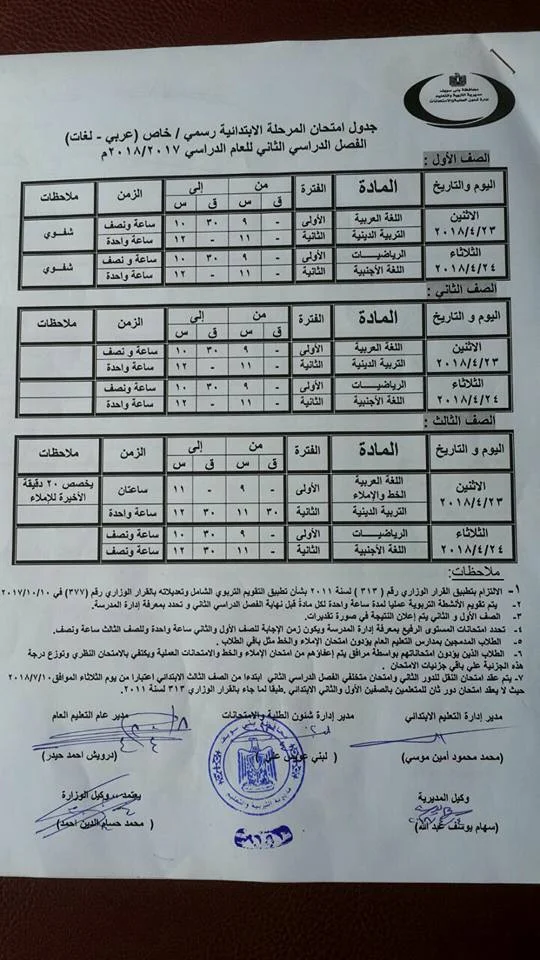 جدول امتحانات الصف الثالث الأبتدائي محافظة بني سويف الترم الثاني 2018 "آخر العام"