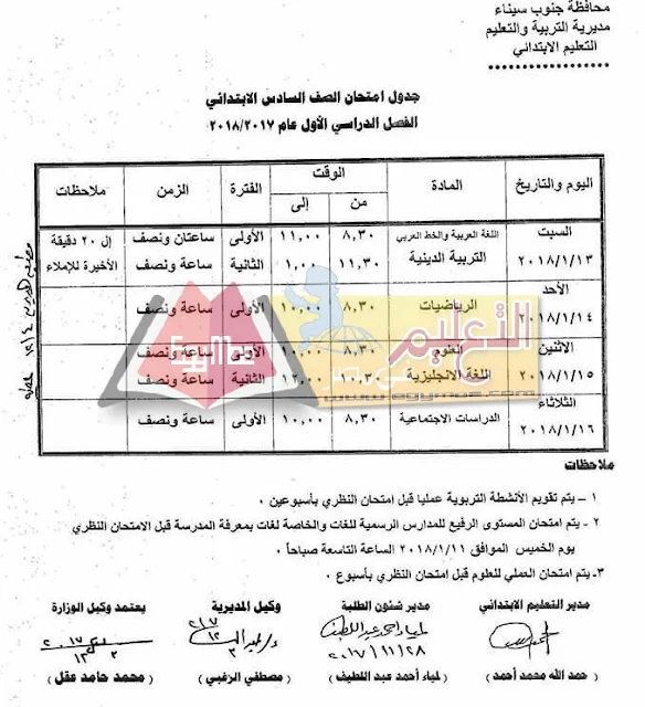 جدول امتحان نصف العام جنوب سيناء 2023 الصف السادس الابتدائي