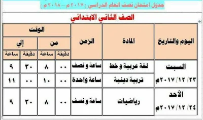 جدول امتحان نصف العام الصف الثاني الابتدائي 2018