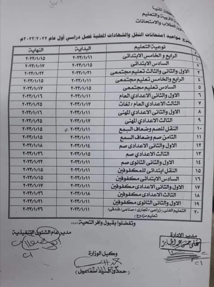 جدول امتحانات محافظة المنيا ابتدائي نصف العام 2023 اعدادي وثانوي