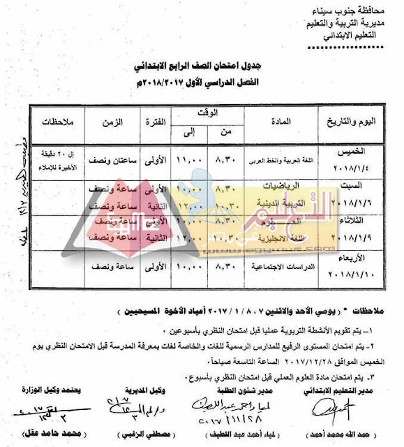 جدول امتحان نصف العام جنوب سيناء 2023 الصف الرابع الابتدائي