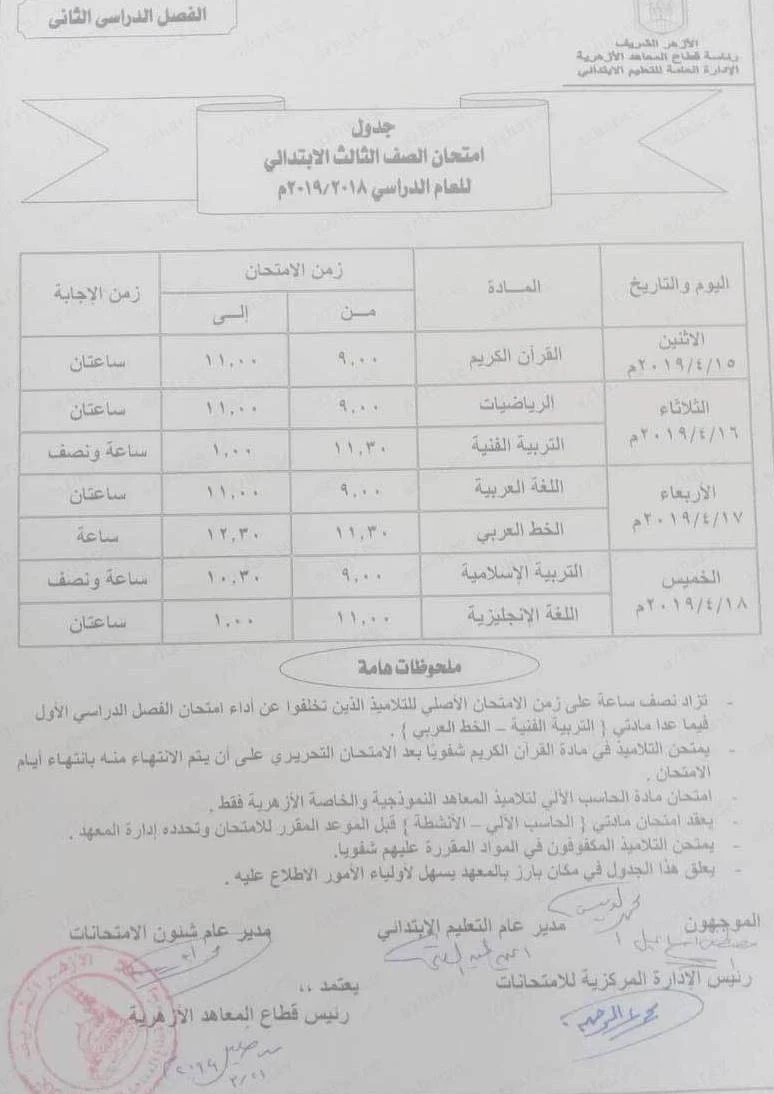 جدول امتحانات الصف الثالث الابتدائي ازهري 2019 ترم ثاني