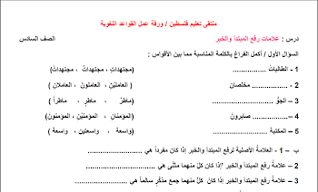 ورقة عمل المبتدأ والخبر للصف الرابع مع تمارين علي الجملة الأسمية