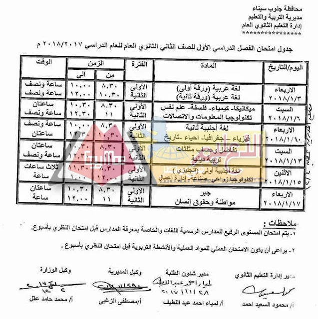 جدول امتحان نصف العام جنوب سيناء 2023 الصف الثاني الثانوي