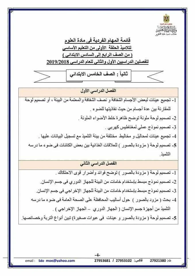 المهام الفردية في مادة العلوم للصف الخامس الابتدائي 2019 الفصل الدراسي الأول 