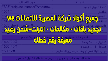 جميع أكواد شركة المصرية للاتصالات we تجديد باقات - مكالمات - انترنت- شحن رصيد خدمة معرفة رقم خطك