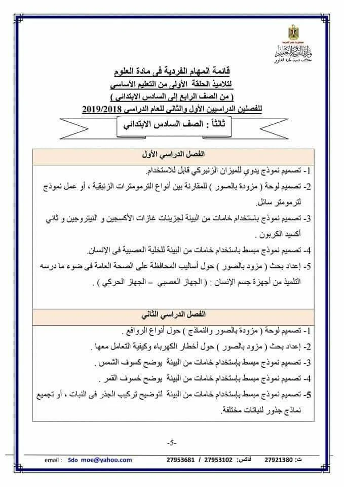 المهام الفردية في مادة العلوم للصف السادس الابتدائي 2019 ترم أول