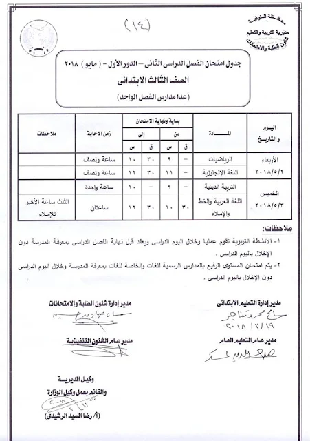 جدول امتحانات الصف الثالث الأبتدائي 2018 محافظة المنوفية الترم الثاني " آخر العام "