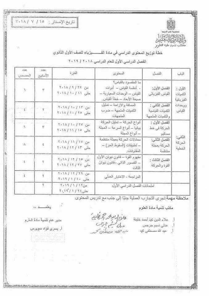 توزيع منهج الفيزياء الصف الأول الثانوي 2018/2019 