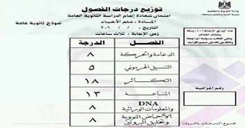 توزيع درجات امتحان الاحياء بوكليت 2018 للثانوية العامة .