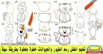 تعليم الطفل رسم الحيوانات والطيور- علم طفلك رسم ( الكلب - القطة - الخروف -الفار - الارنب - العصفور - الدب )