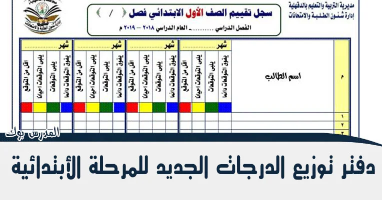 دفتر توزيع الدرجات الجديد للمرحلة الأبتدائية