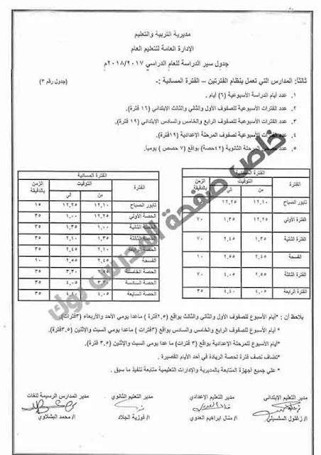 جدول سير الدراسة للعام الدراسي 2017-2018 نظام الفترتين " مسائية " 