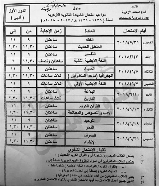 جدول امتحانات الثانوية الأزهرية 2018 أدبي