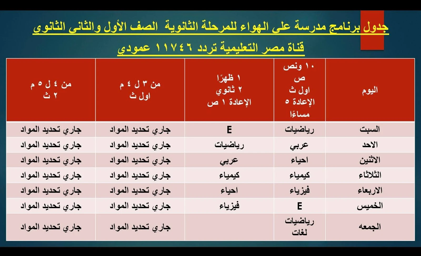 جدول مواعيد قناة مصر التعليمية 2020 , مواعيد قناة مصر التعليمية 2020 للصف الثانى الثانوى . جدول قناة مصر التعليمية 2020 , مواعيد قناة مصر التعليمية 2020 للصف الثالث الثانوى , جدول مواعيد مدرسة على الهواء 2020 , مواعيد برنامج مدرسة على الهواء 2020 , مواعيد قناة مصر التعليمية 2020 للصف الثانى الثانوى الترم الثاني , مواعيد قناة مصر التعليمية 2020 للصف الاول الثانوى
