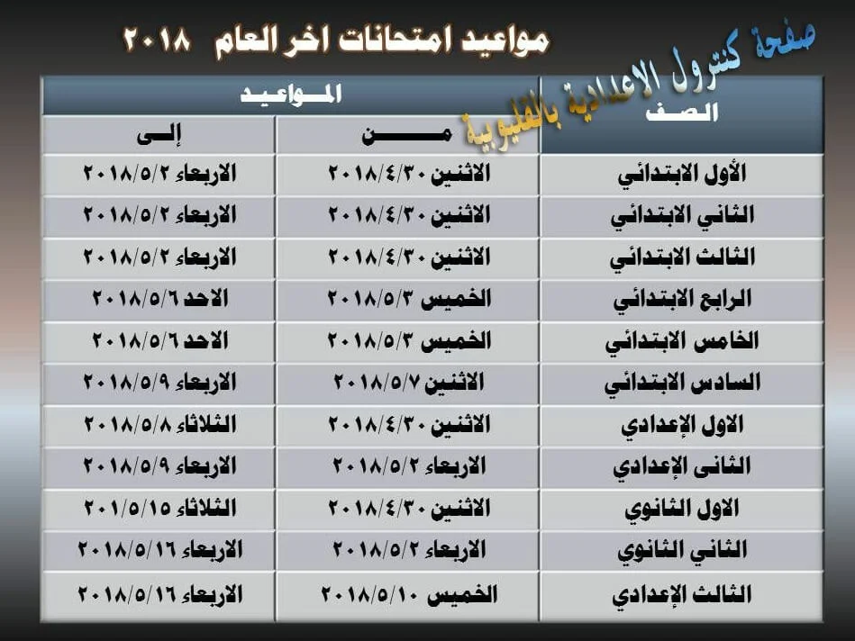 جدول امتحانات محافظة القليوبية 2018