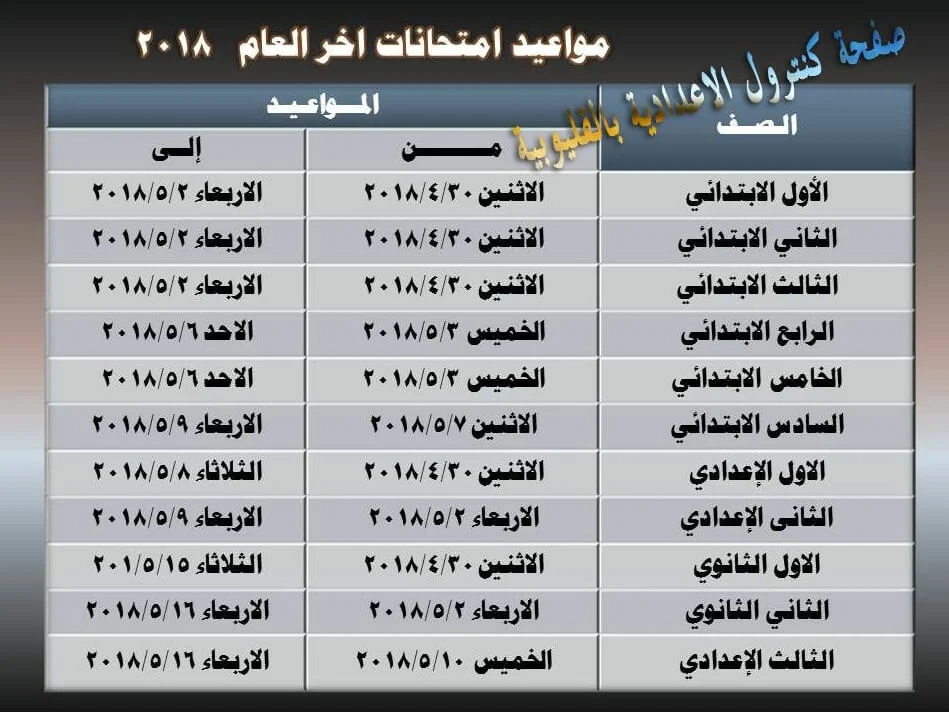 جدول امتحانات محافظة القليوبية 2018 جدول امتحانات محافظة القليوبية 2018